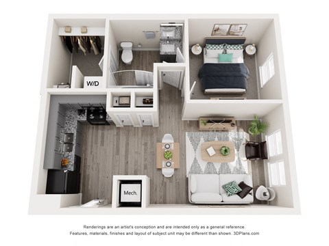 Floor plan for 1 bed, 1 bath, 604 sqft